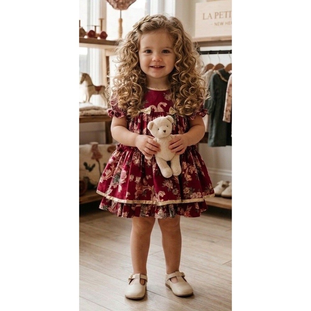 This vintage Jo Lene burgundy floral dress